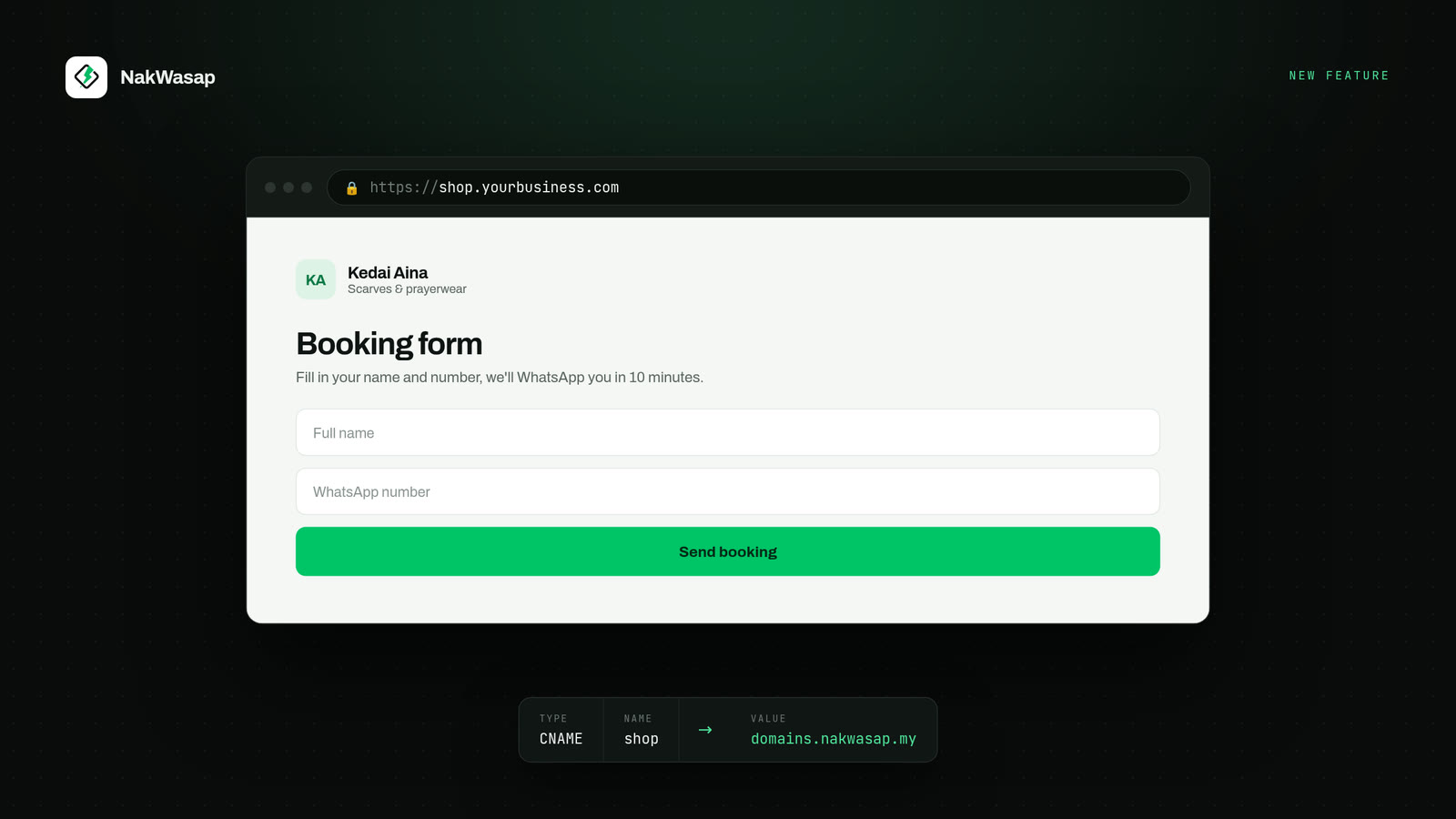A single CNAME record connects your address to the page you choose.