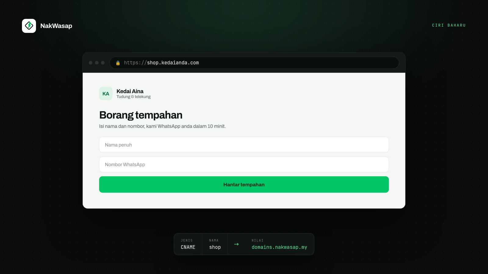 Satu rekod CNAME menyambungkan alamat anda ke halaman yang anda pilih.